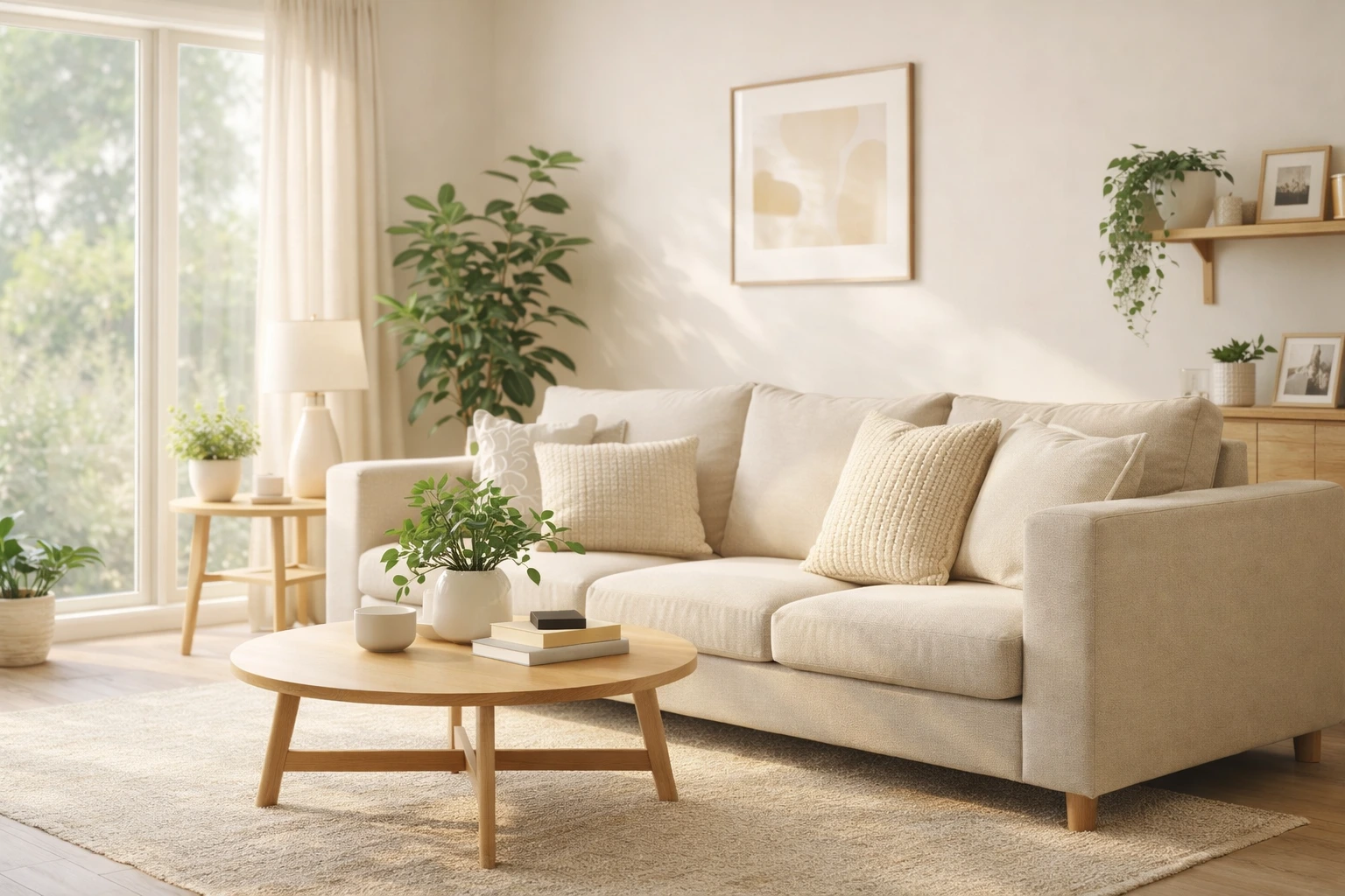 Bright modern living room with neutral decor, indoor plants, and warm natural lighting