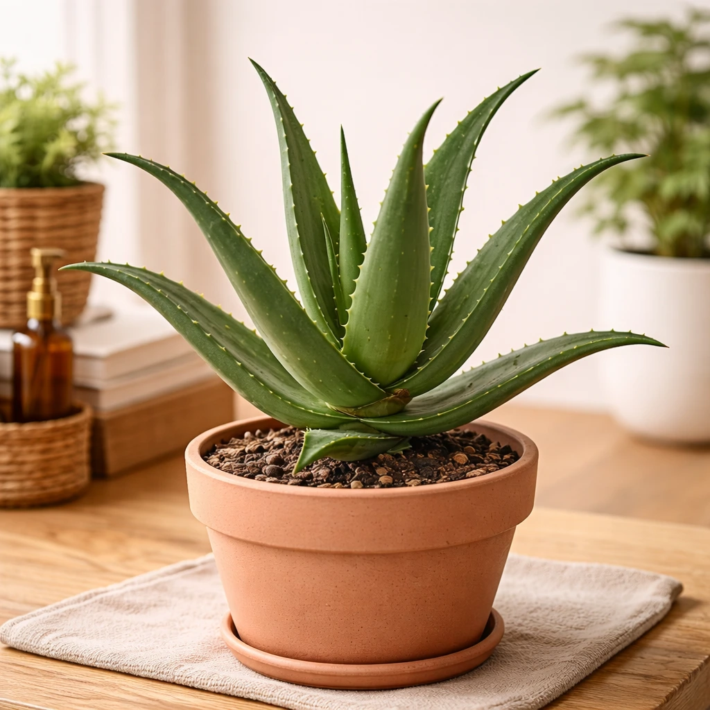Aloe vera plant in terracotta pot placed on wooden surface indoors