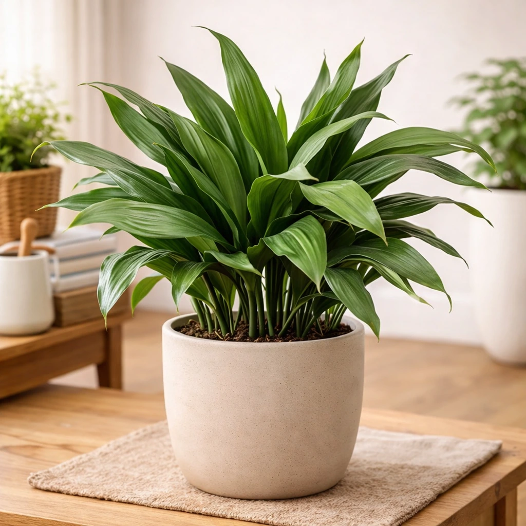 Cast iron plant with deep green leaves in neutral pot on wooden table