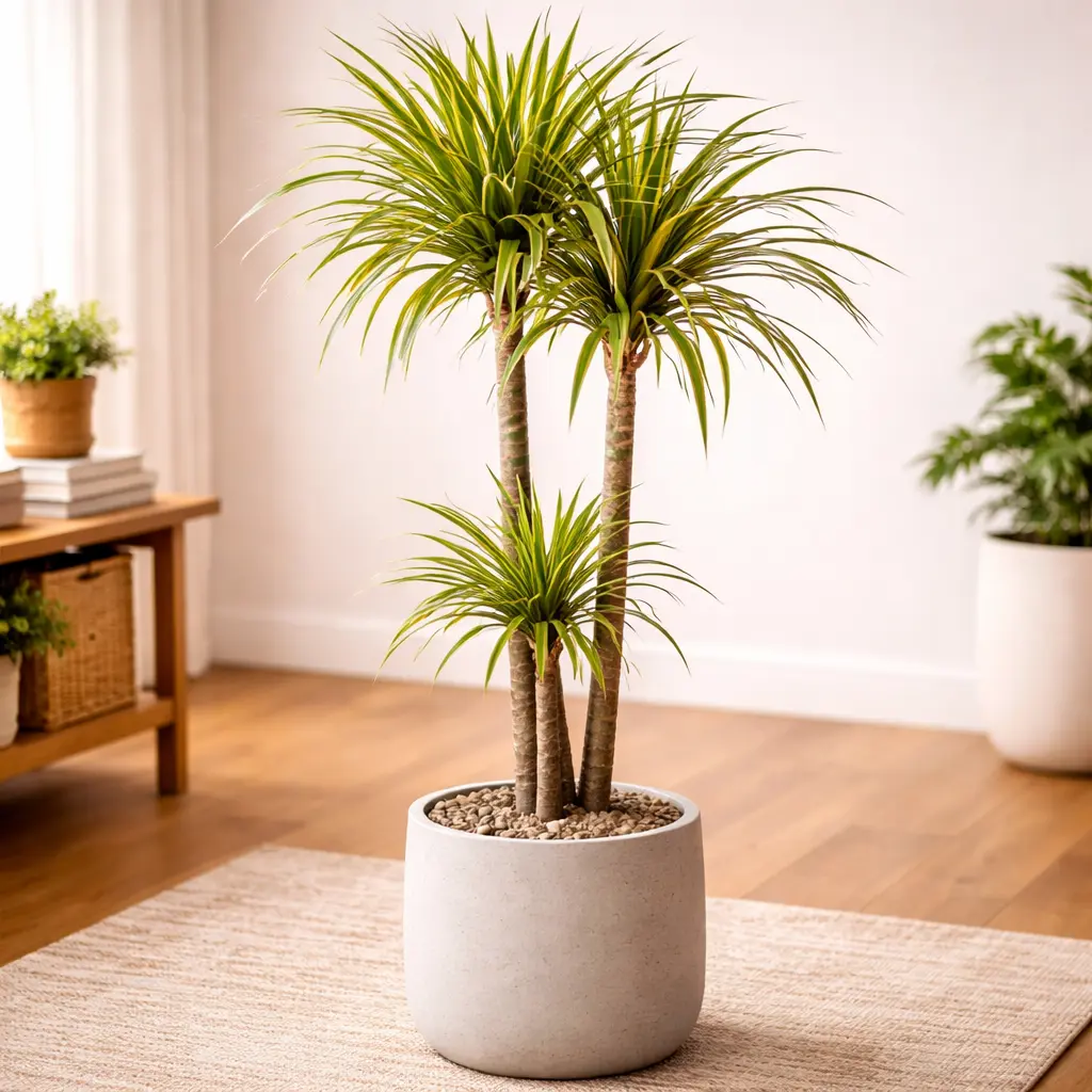 Dracaena plant with tall stems and narrow leaves in modern planter