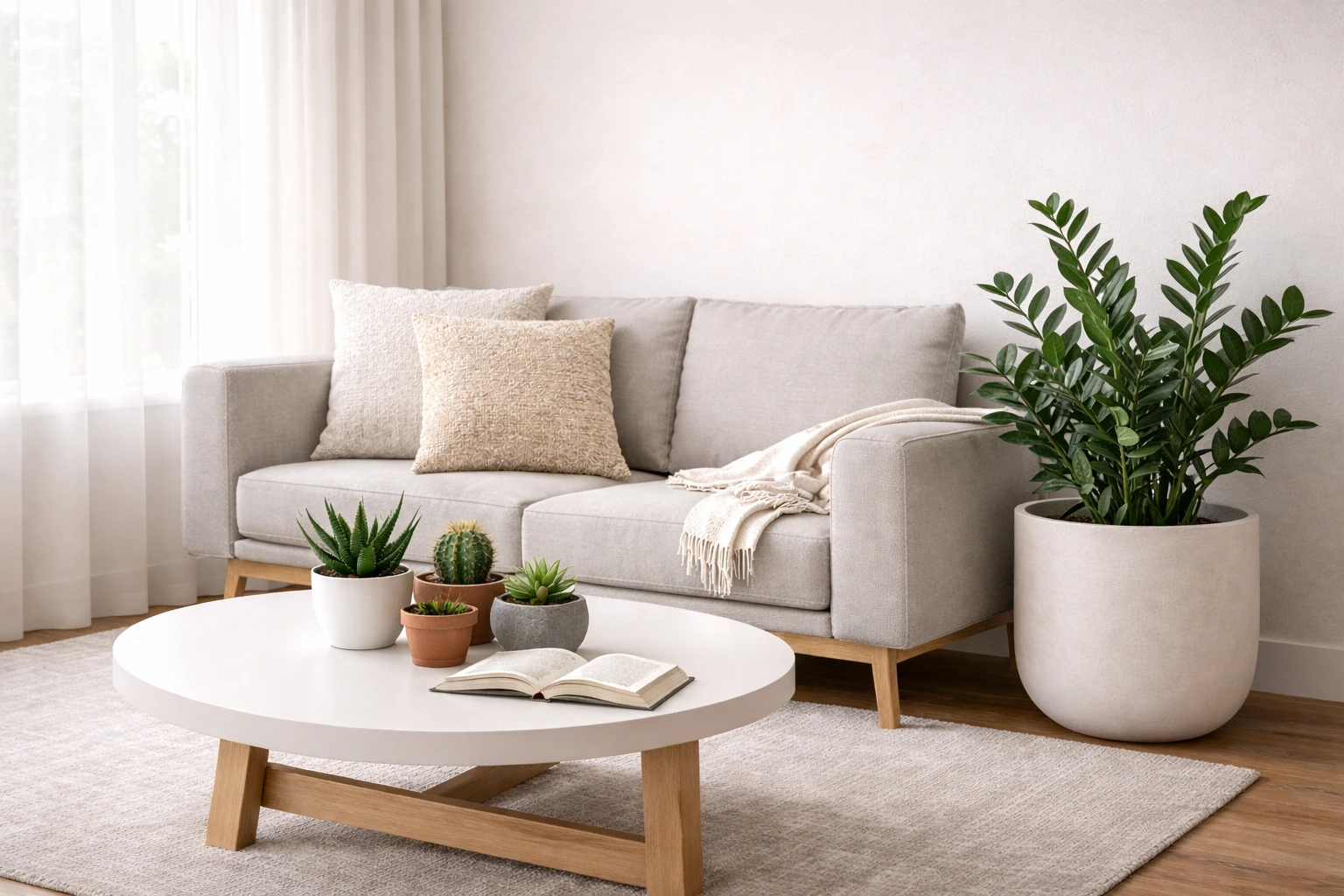 Modern living room styled with low-maintenance indoor plants including ZZ plant and succulents