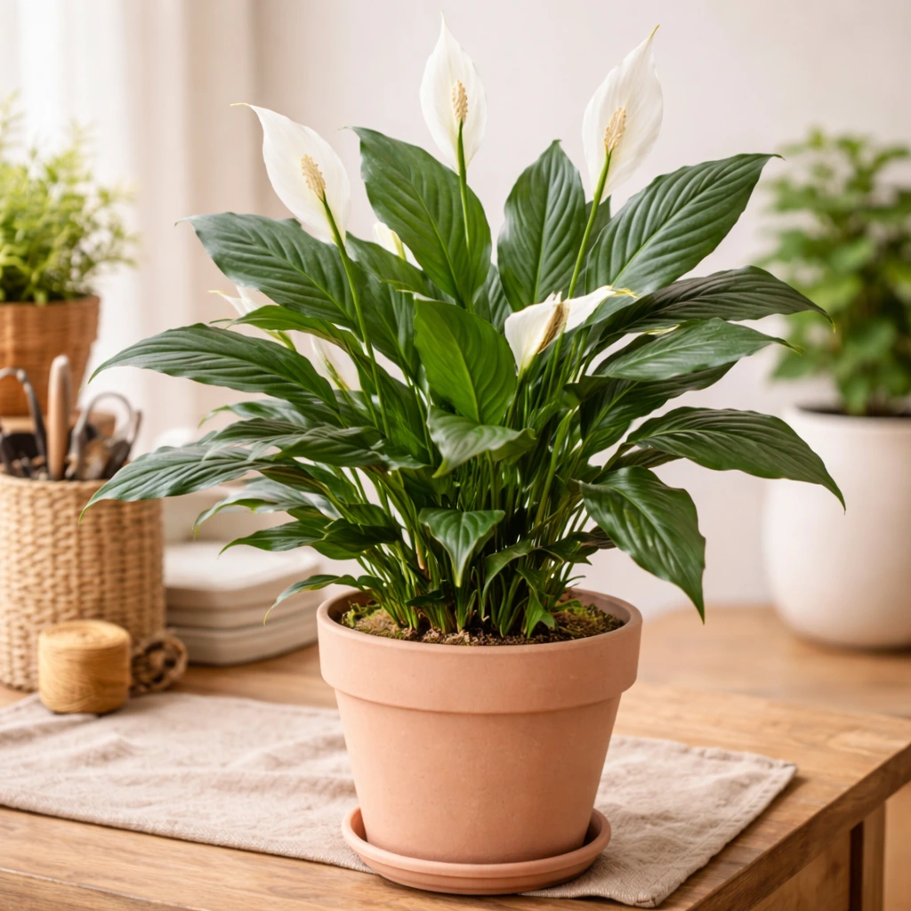 Peace lily plant with white blooms in a terracotta pot indoors