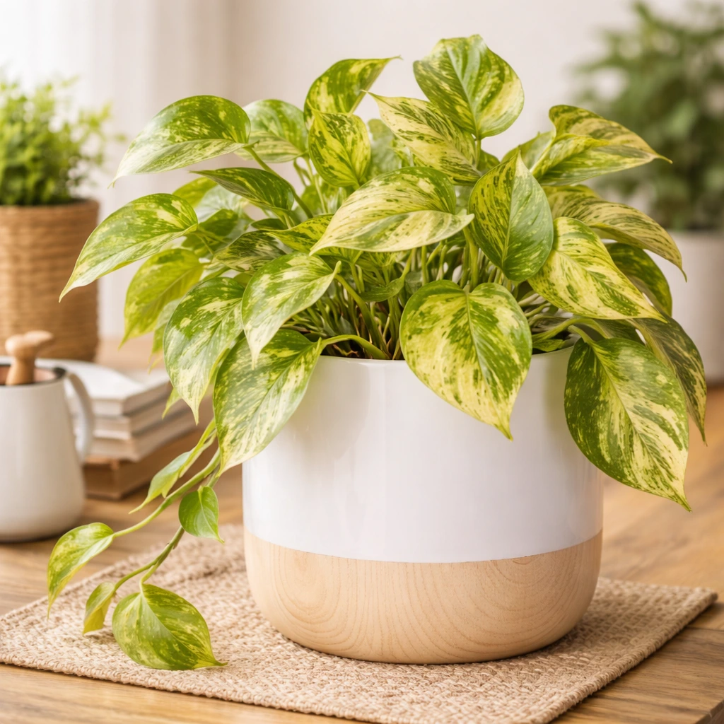 Pothos plant with trailing green leaves in decorative indoor pot