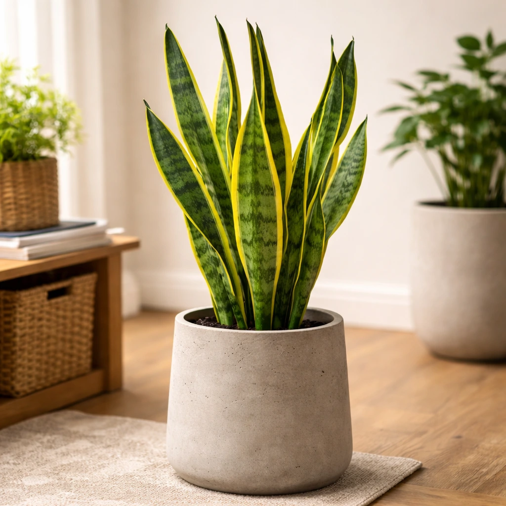 Snake plant in neutral pot placed in a modern living room corner