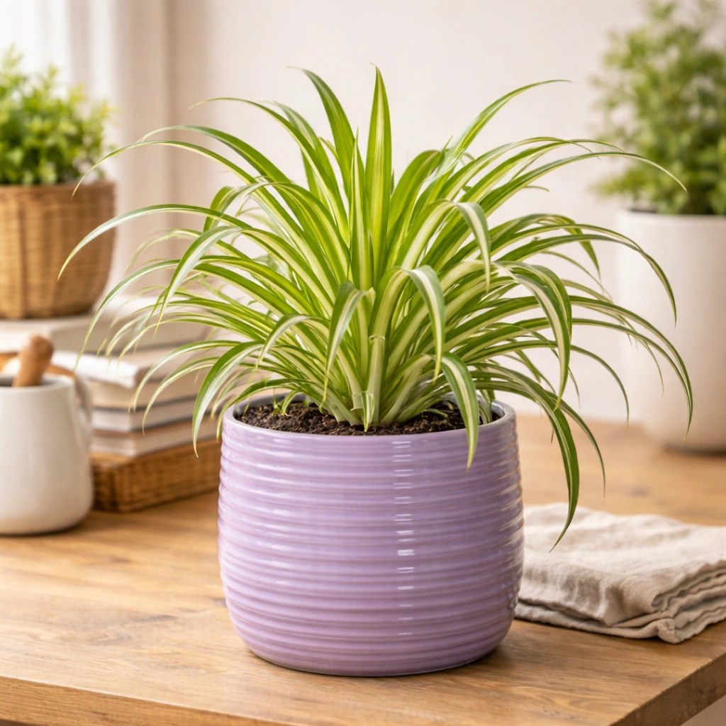 Spider plant with arching striped leaves in a ceramic pot on a table