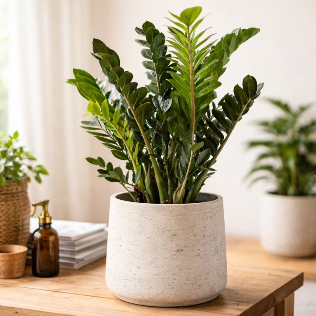 ZZ plant in ceramic pot on wooden table in bright indoor setting