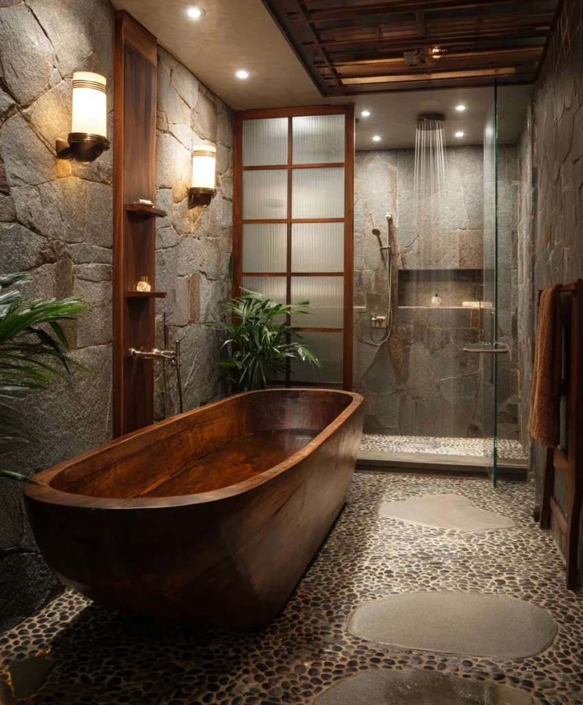 A serene Japanese-inspired bathroom with a deep wooden soaking tub (ofuro) placed inside a walk in shower space.