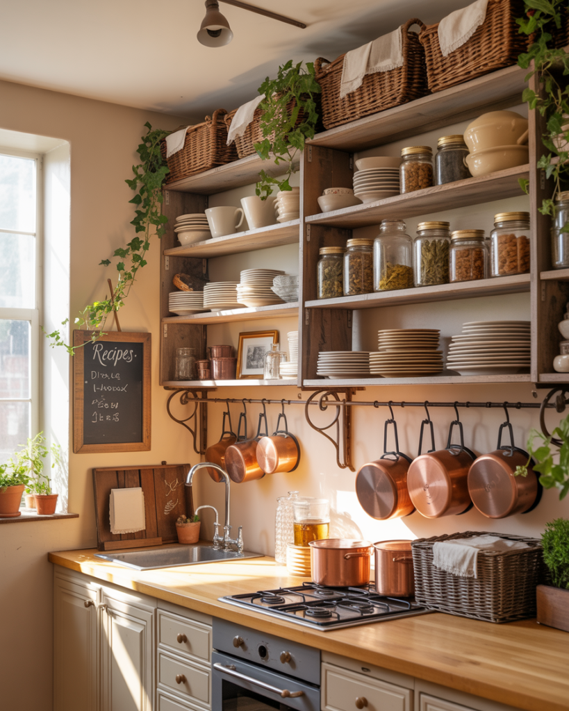 A compact cottage kitchen showcasing floor-to-ceiling shelving and open wooden racks filled with neatly stacked plates, mason jars, and baskets.