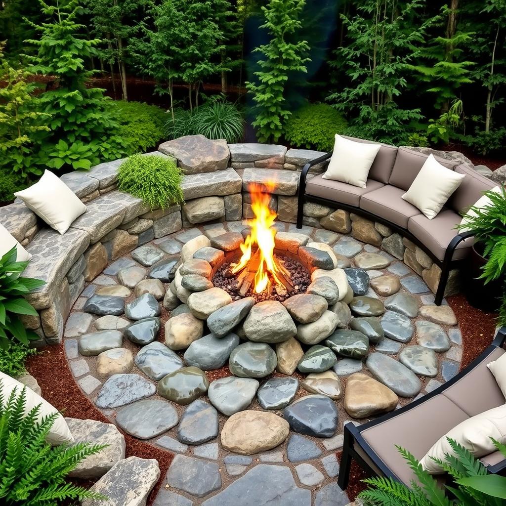 river rock fire pit area