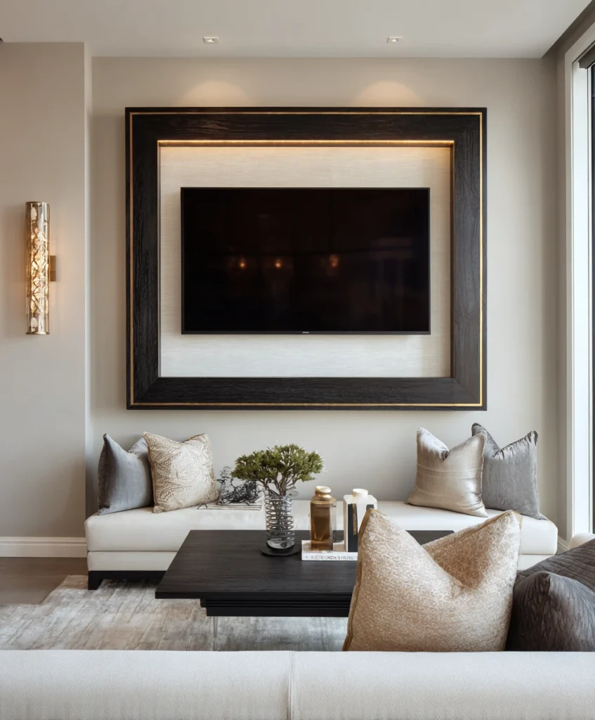A sleek flat-screen TV mounted on a wall with a bold, custom frame that mimics a piece of gallery art.