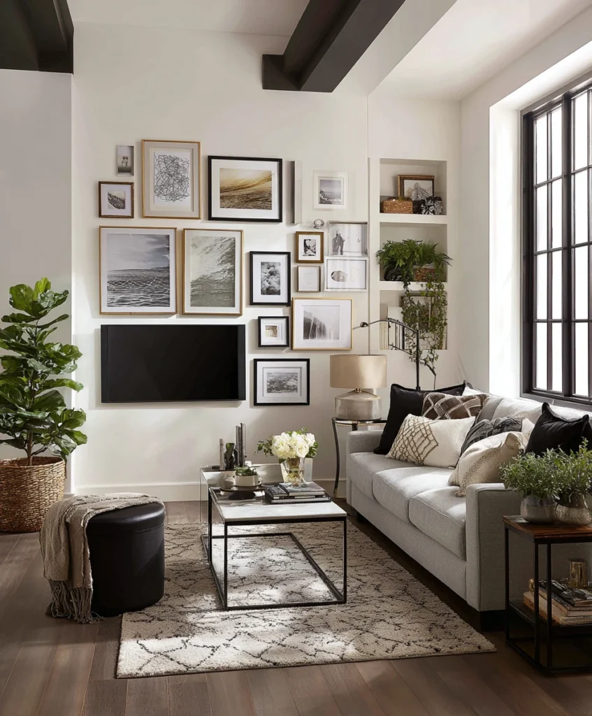 A stylish TV wall designed as part of a gallery wall, with the television surrounded by an arrangement of framed artwork and photographs. 