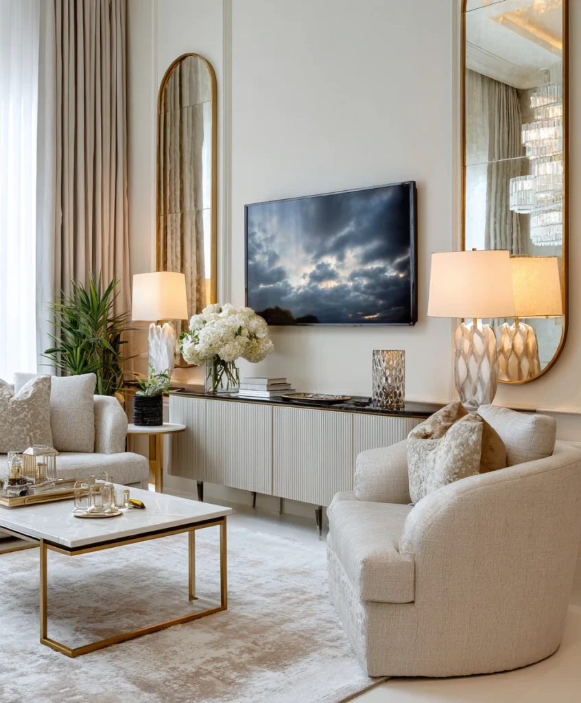 A TV wall flanked by tall, elegant mirrors that reflect light and make the space feel larger.