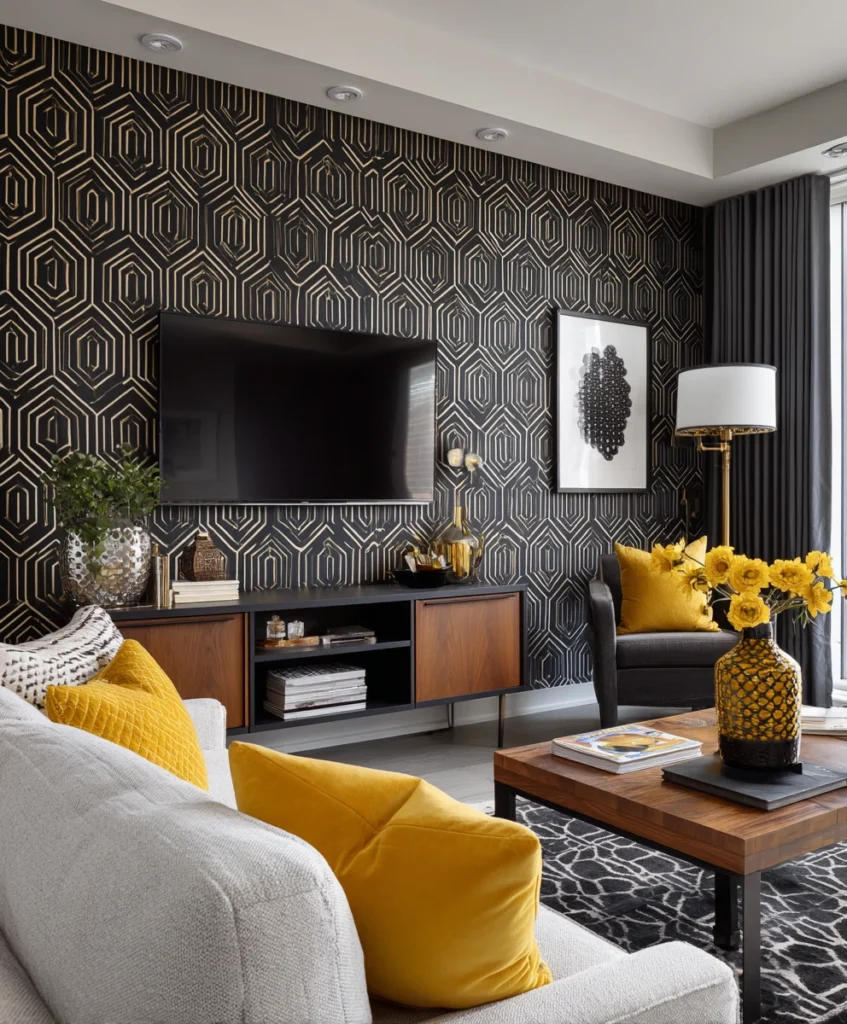 A bold TV wall decorated with dramatic wallpaper featuring a geometric black-and-gold pattern.