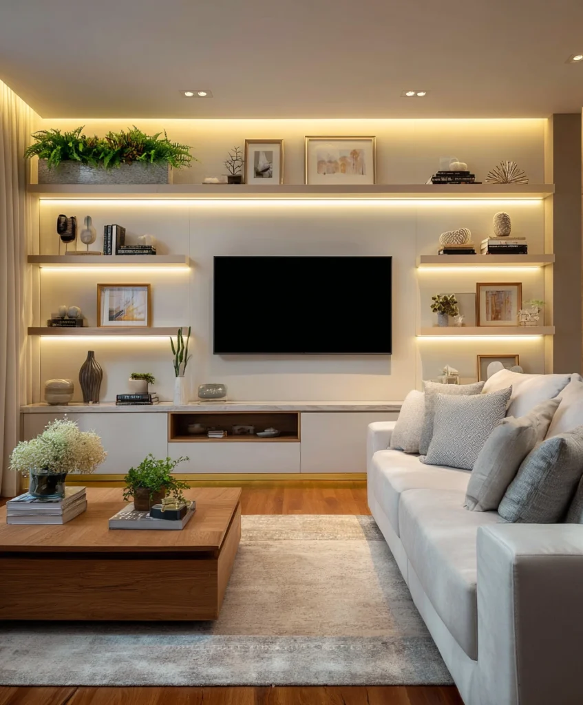 A modern TV wall featuring floating shelves arranged around the television. 