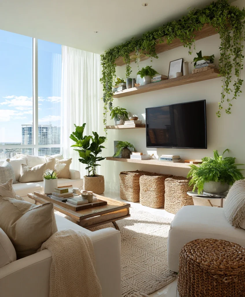 A lively TV wall adorned with cascading greenery and potted plants placed on floating shelves.
