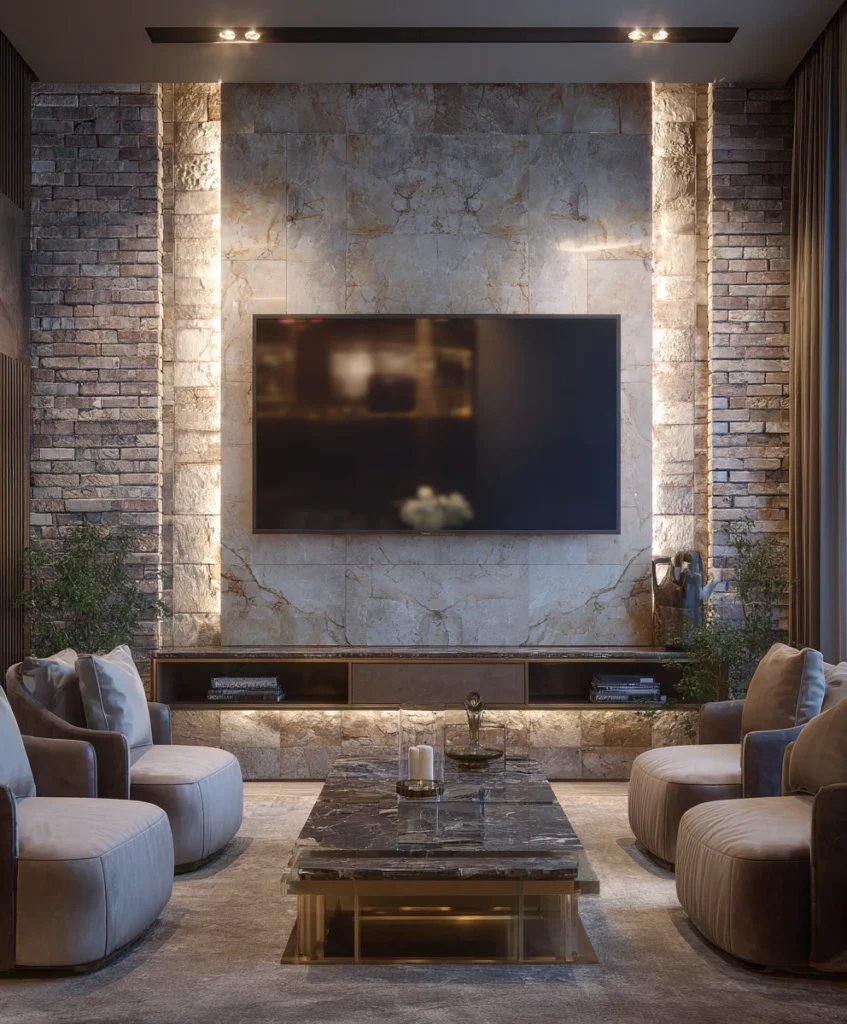 A luxurious TV wall design combining exposed brick and polished marble.