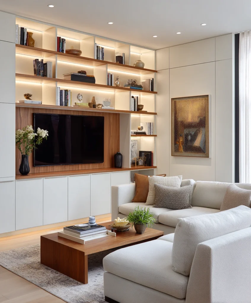 A modern living room featuring a TV wall framed by custom built-in cabinetry.