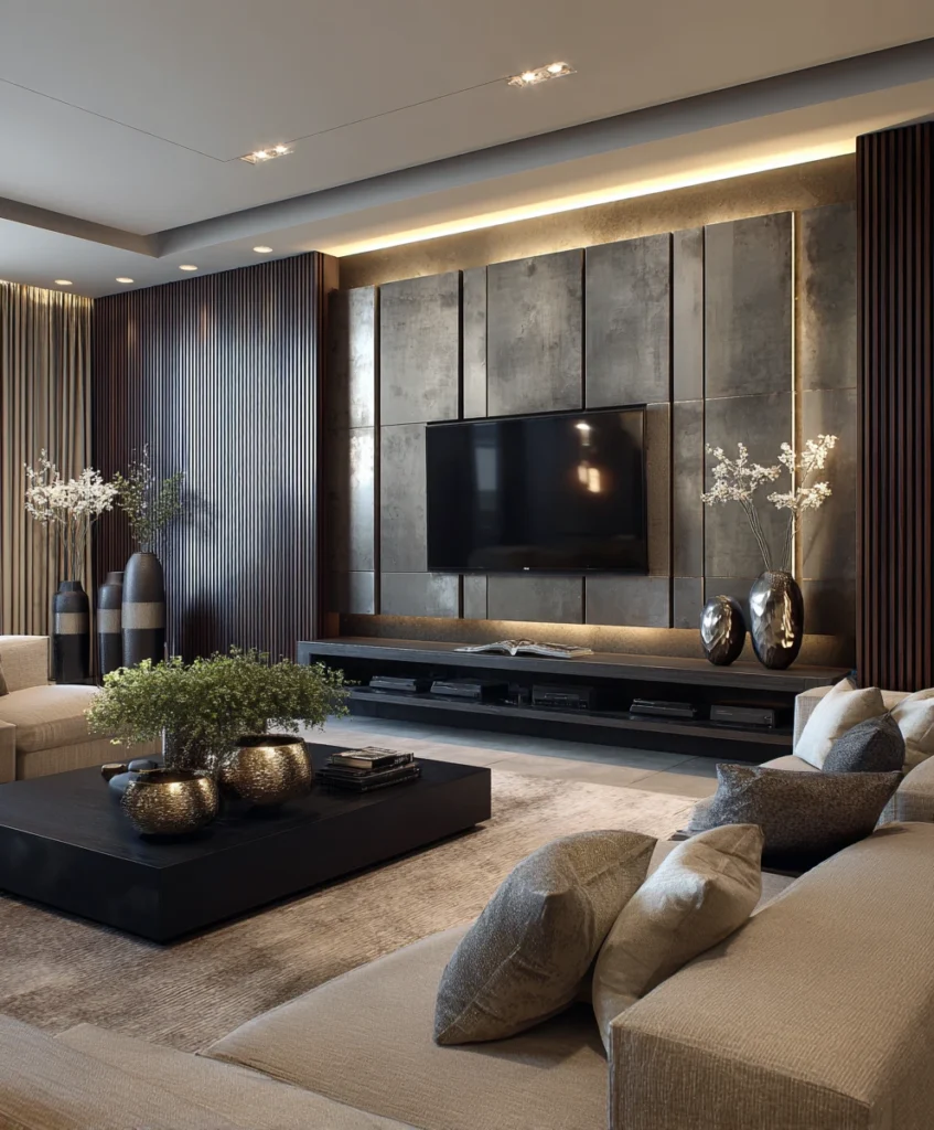 A contemporary TV wall with vertical wood slats and textured panels creating depth and elegance.