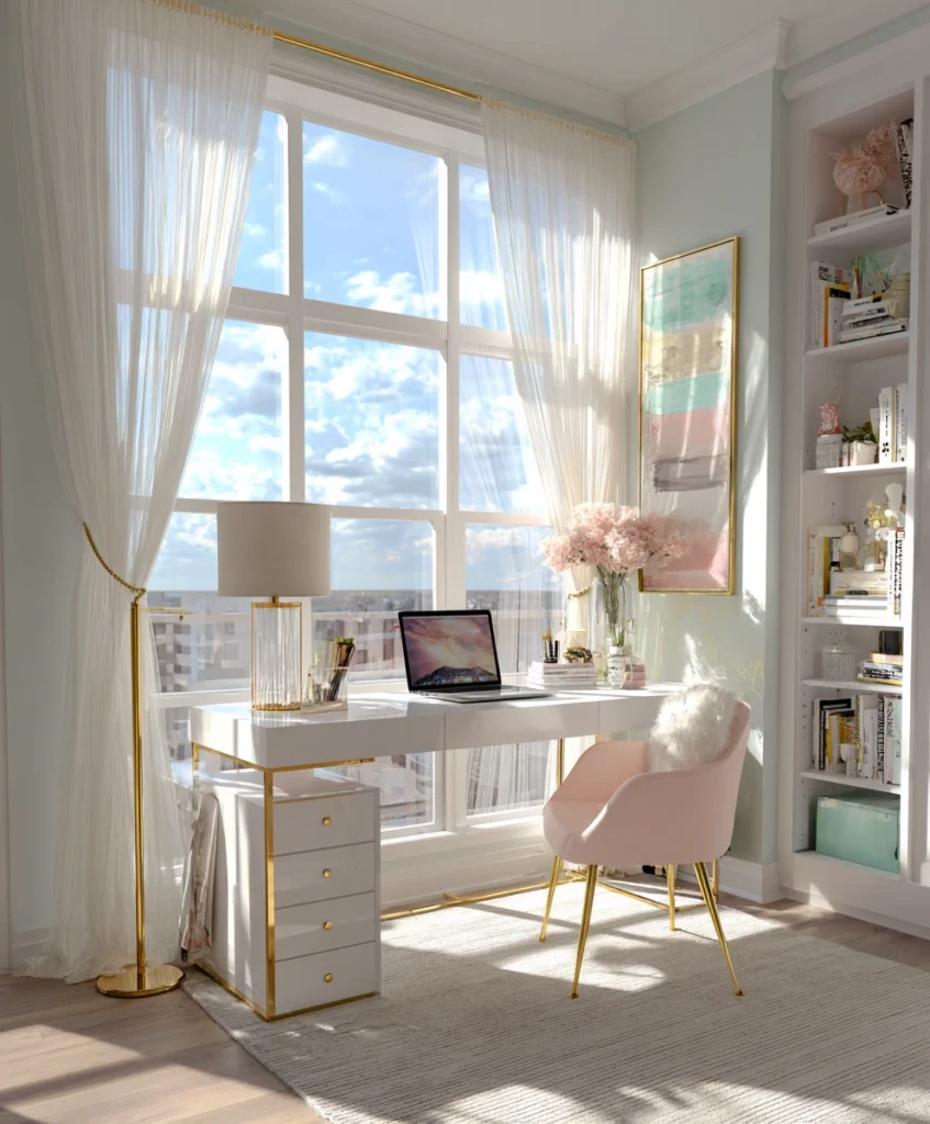bright feminine home office with a white desk facing a large sunlit window with sheer white curtains