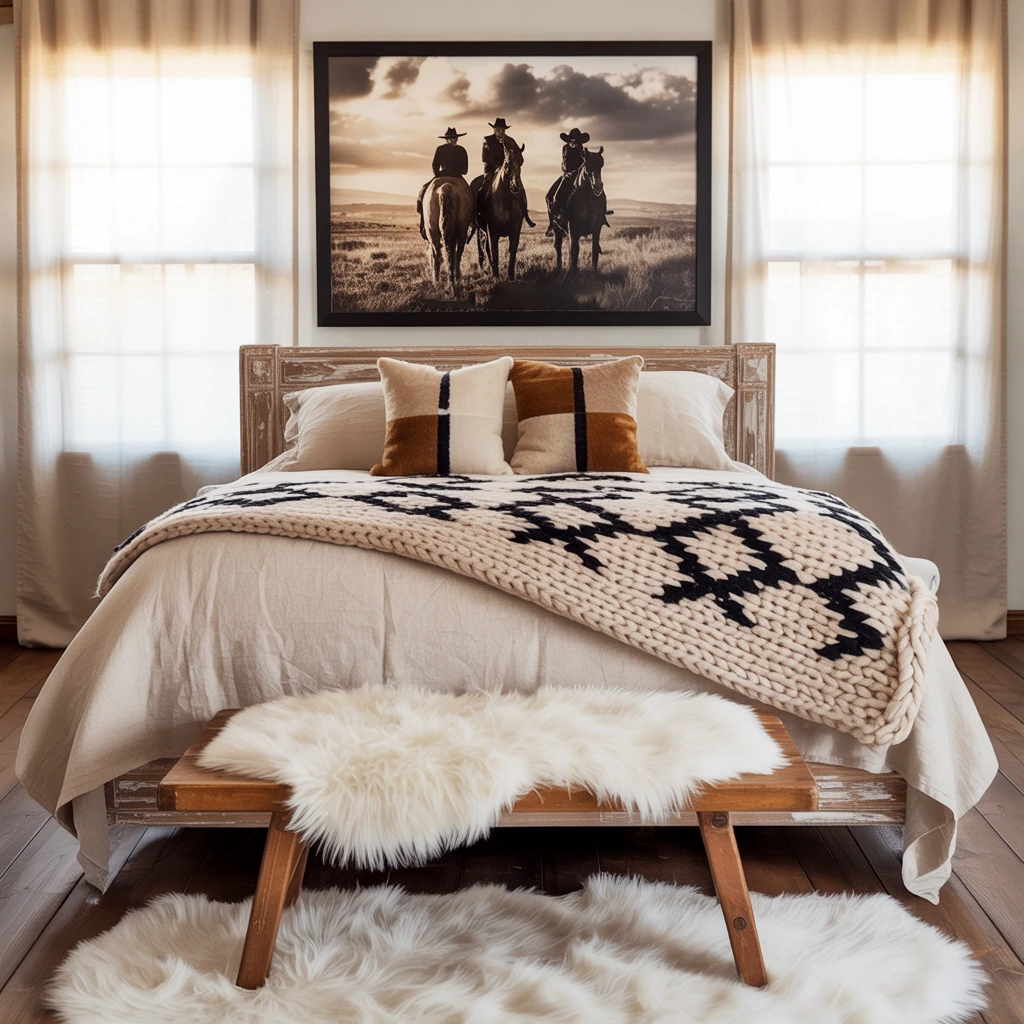 A rustic Western bedroom interior where a large black and white art piece of three cowboys on horse back, hangs above the bed.