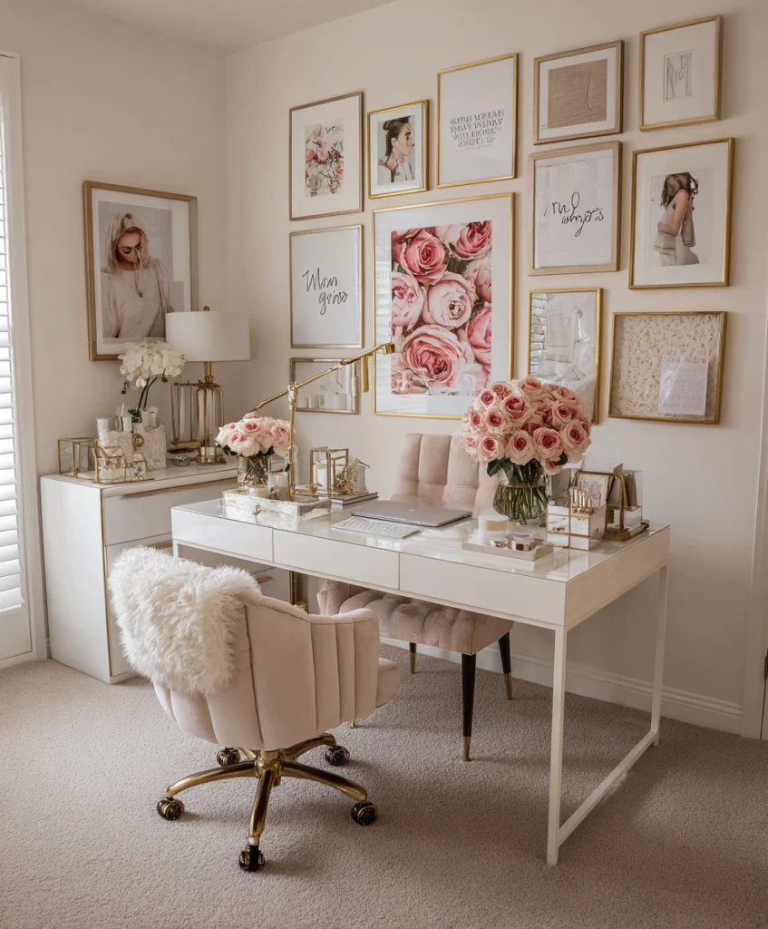home office featuring a chic gallery wall with gold and white frames, fashion prints, and motivational quotes