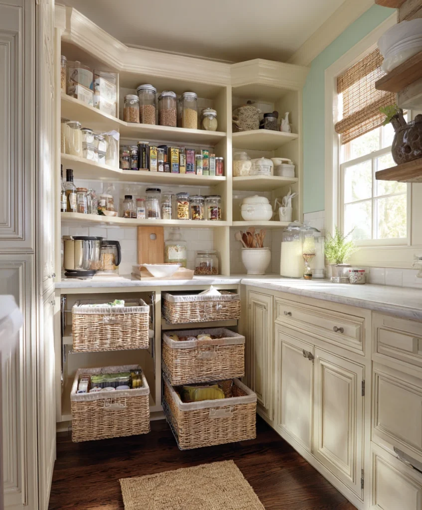 A small cottage kitchen corner with clever storage features