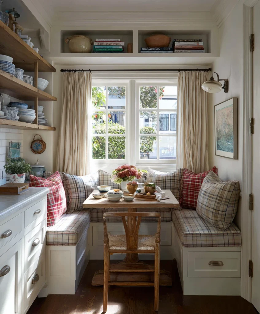 A small cottage kitchen with a cozy built-in breakfast nook beneath a window, featuring plaid cushions and a compact wooden table.