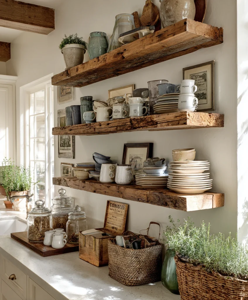 A bright small cottage kitchen wall featuring open reclaimed wood shelves