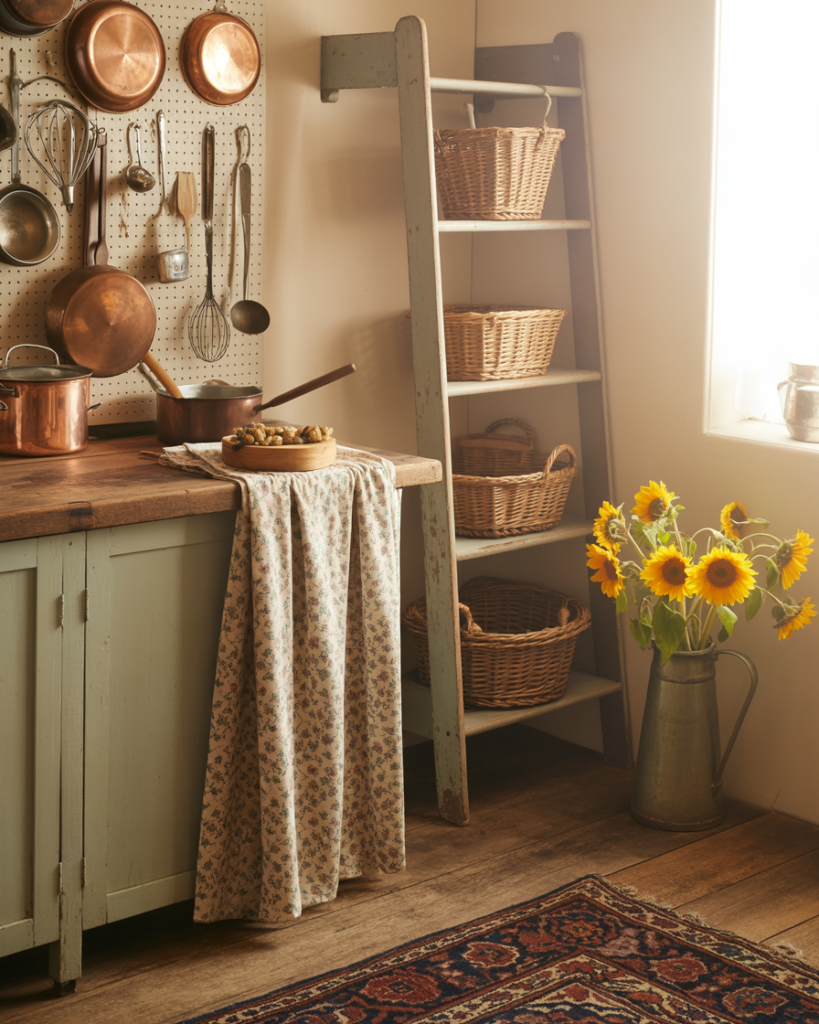A cottage kitchen corner styled with functional décor: a pegboard wall holding utensils and a vintage ladder repurposed as a hanging rack.