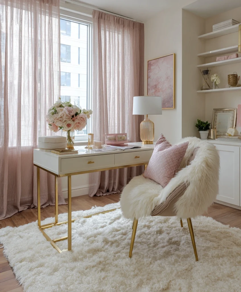 home office with a plush ivory area rug under a gold-accented desk, sheer blush curtains, and pastel cushions on a side chair