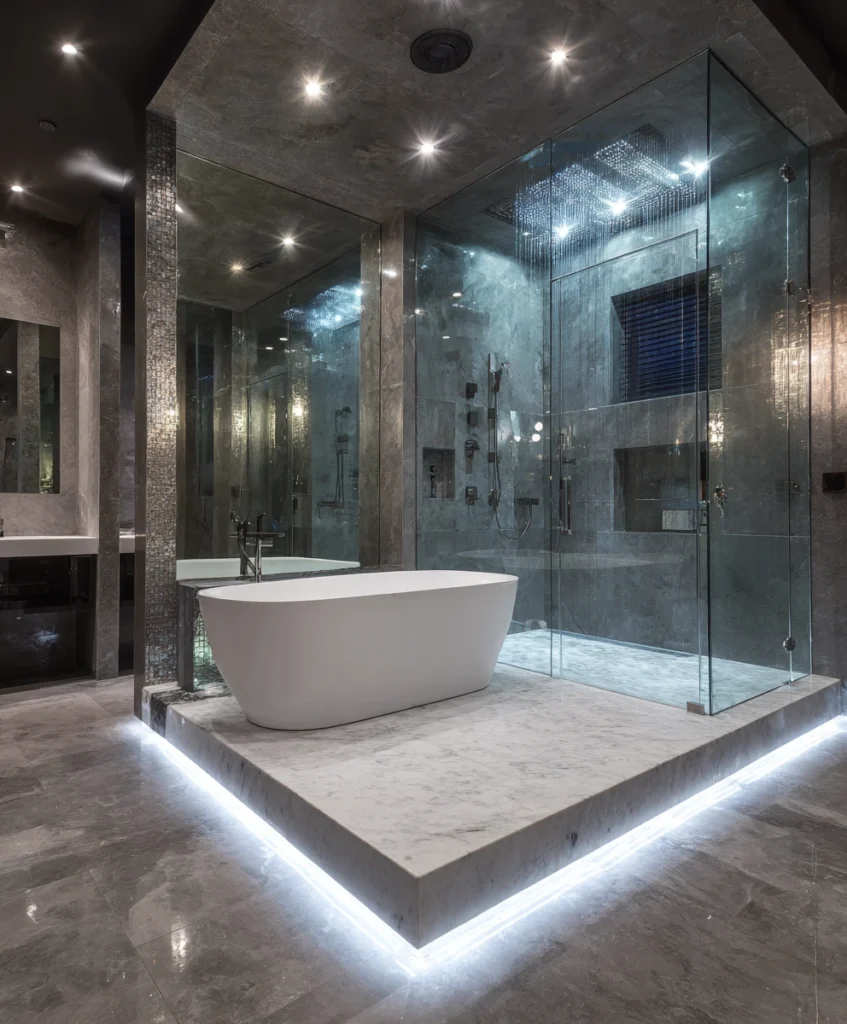 A dramatic bathroom design featuring a freestanding white tub placed on a raised marble platform inside a spacious walk in shower.