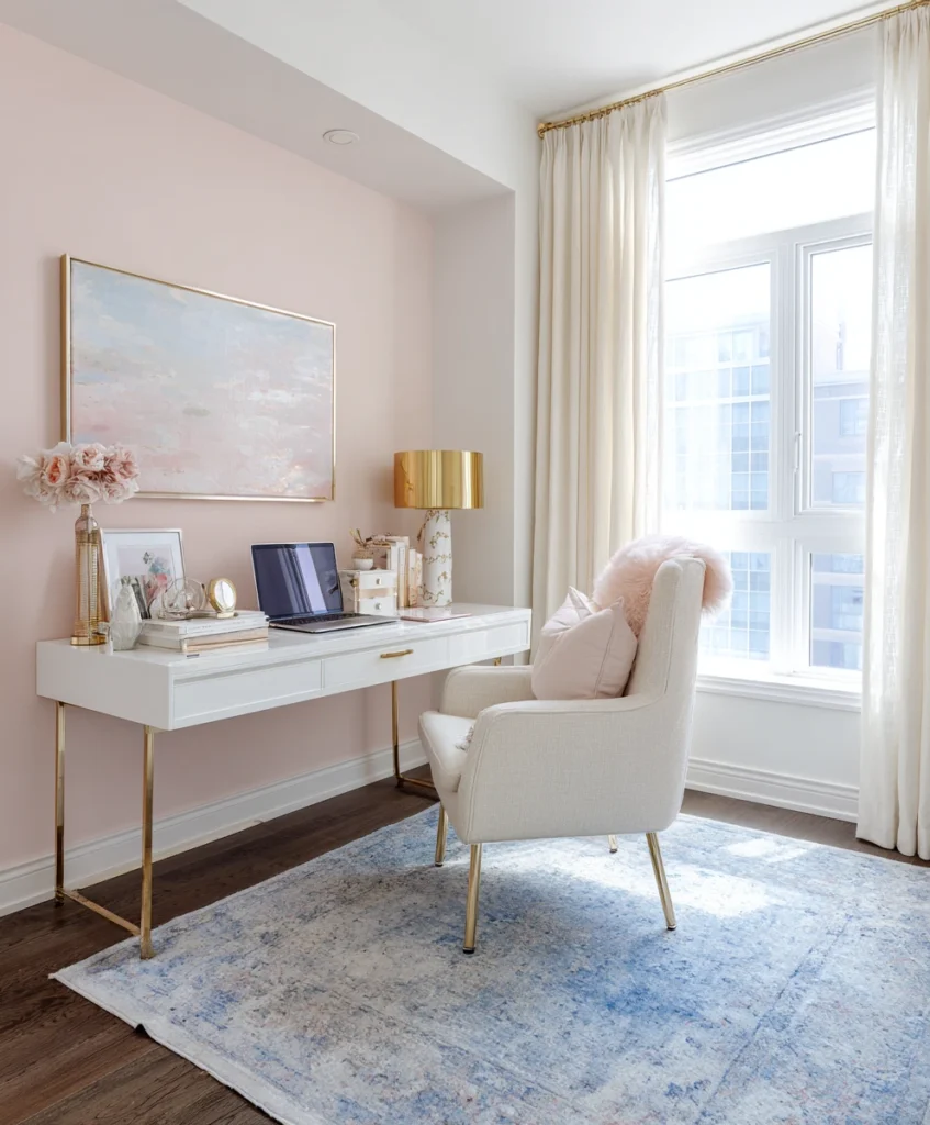 feminine home office with a blush pink accent wall, ivory and beige furniture, pastel blue accessories, and soft natural light