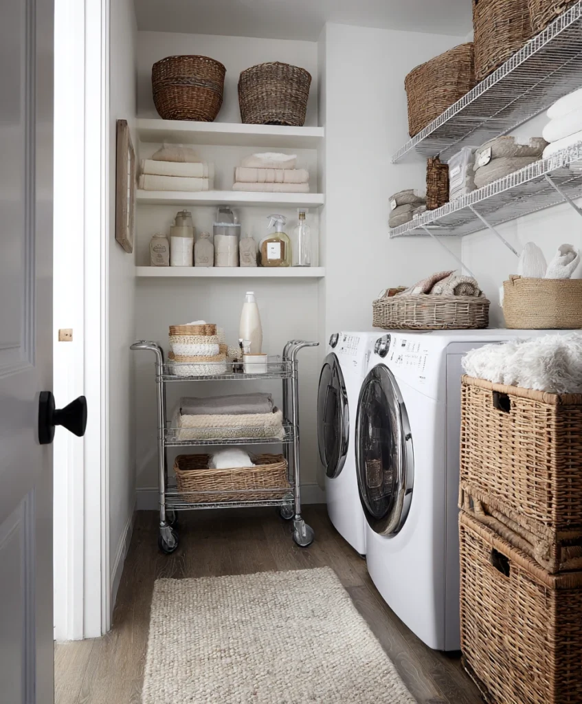 small laundry area with a slim rolling cart and woven baskets and fabric bins keeping clutter organized on shelves