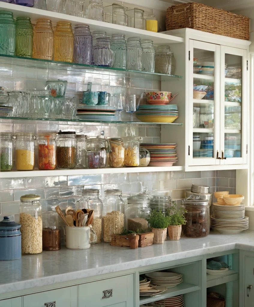 A cottage kitchen designed with glass-front cabinets displaying colorful dishes, a reflective glass backsplash, and open shelving with glass jars.