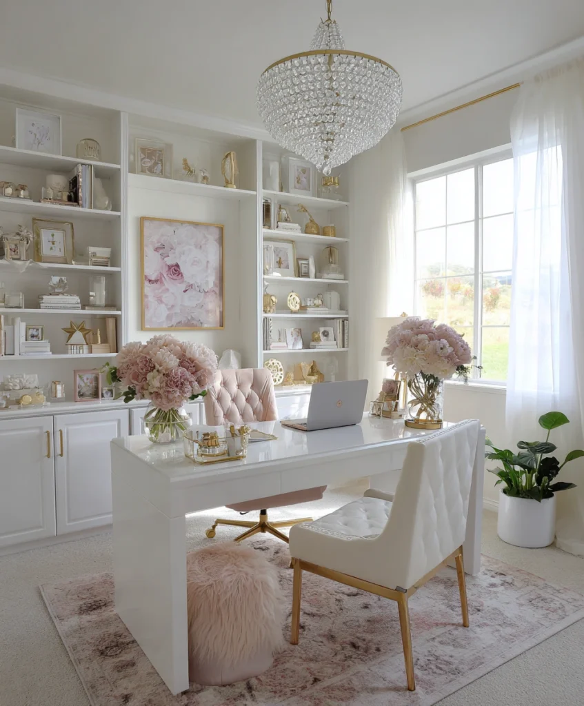 Elegant feminine home office with a sparkling crystal chandelier above a white desk, pastel décor accents, and gold accessories.