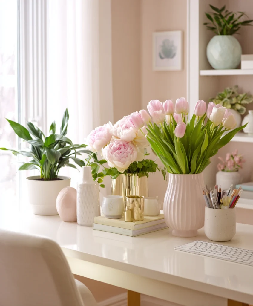 feminine home office with fresh peonies and tulips in vases on the desk, paired with leafy green plants in modern pots