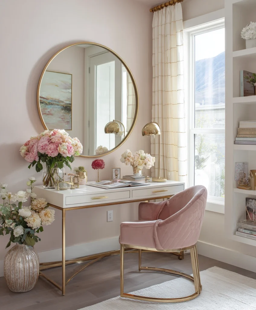 home office featuring a round gold-framed mirror above a chic desk, reflecting natural light into the space