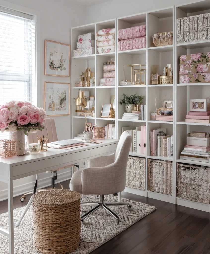 feminine office with open white shelving styled with floral bins, woven baskets, and rose-gold organizers