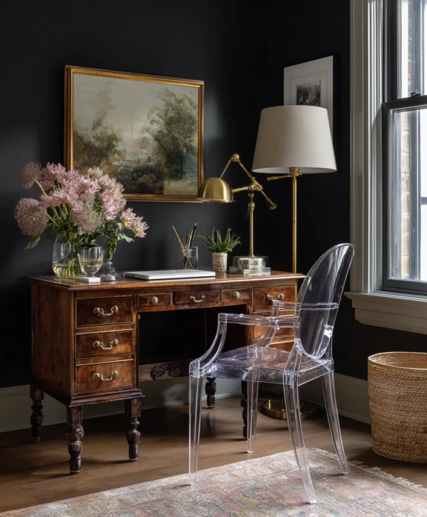 Feminine home office combining a vintage brass lamp and antique vanity-style desk with a modern acrylic chair.