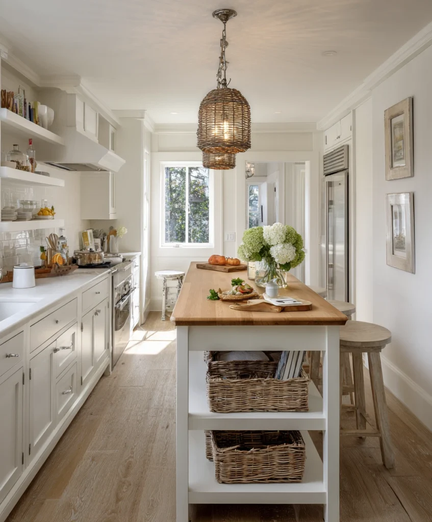 A narrow cottage kitchen with a slim rolling island topped with butcher block wood.