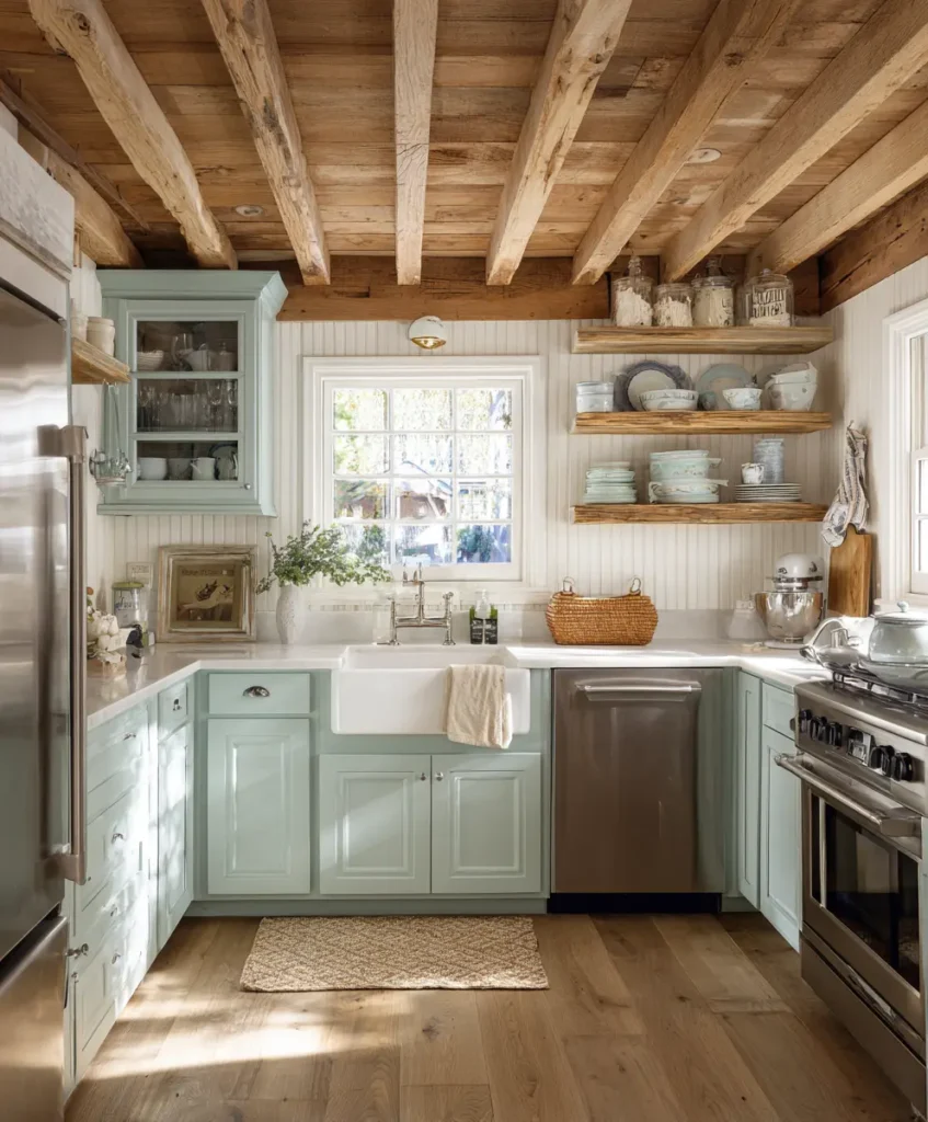 A small cottage kitchen with stainless steel appliances set against rustic wood beams and pastel cabinetry.