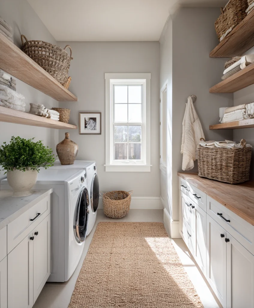 laundry room painted in pale gray with white cabinetry, accented by natural wood shelves and a jute rug on the floor