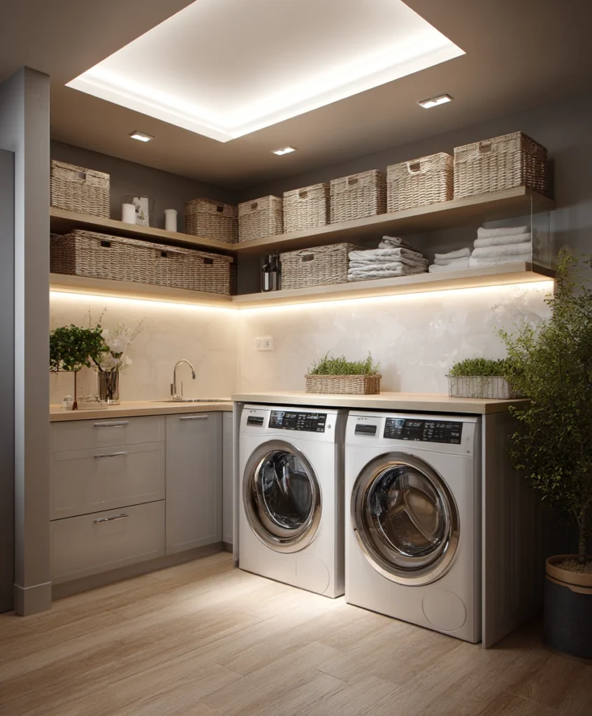 modern laundry space illuminated by a sleek LED ceiling panel and warm under-shelf lighting