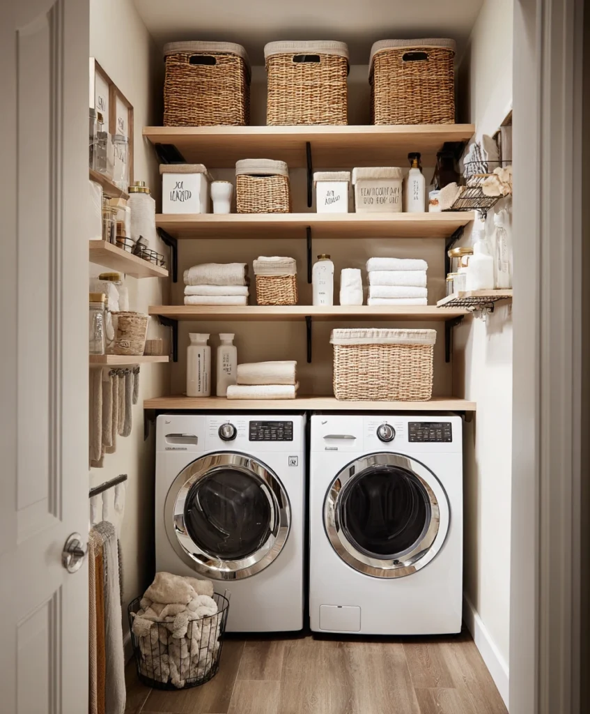 narrow laundry nook with tall wall-mounted shelves reaching the ceiling and holding neatly labeled baskets, detergent containers, and folded linens