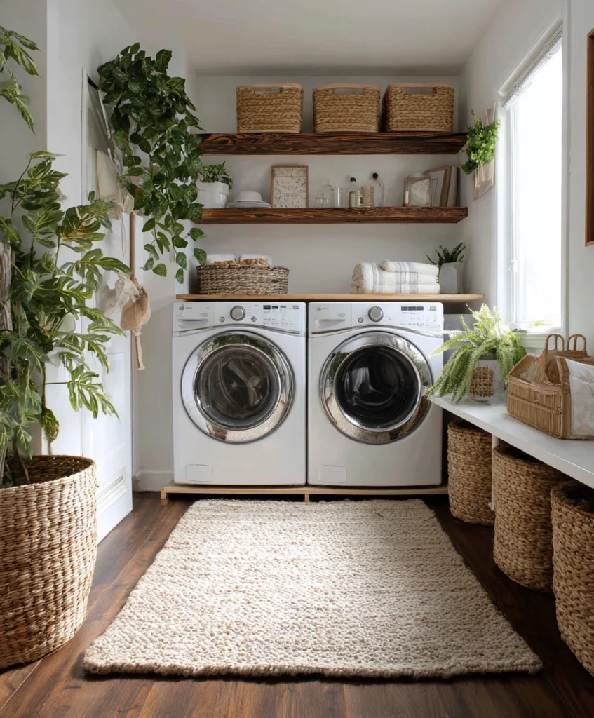 laundry area styled with wood shelves, woven baskets, and green plants