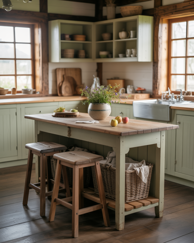 A small cottage kitchen with a compact console table used as both a prep station and a breakfast bar.