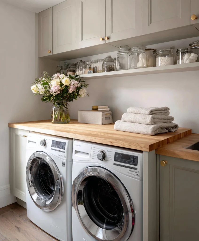 cozy laundry corner featuring front-loading washer and dryer with a butcher block countertop installed above them