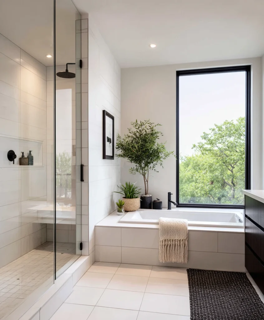 A sleek, minimalist bathroom featuring a built-in rectangular tub with clean lines positioned inside a frameless glass walk in shower.