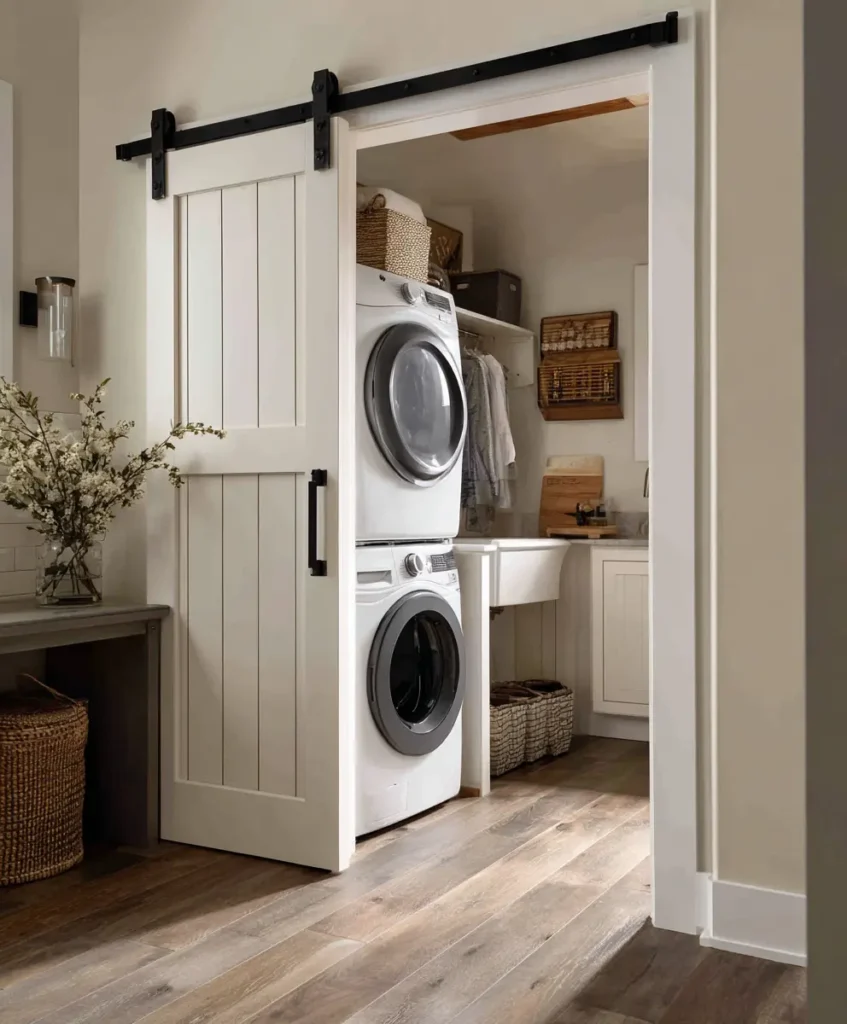a compact laundry closet with a sliding barn door