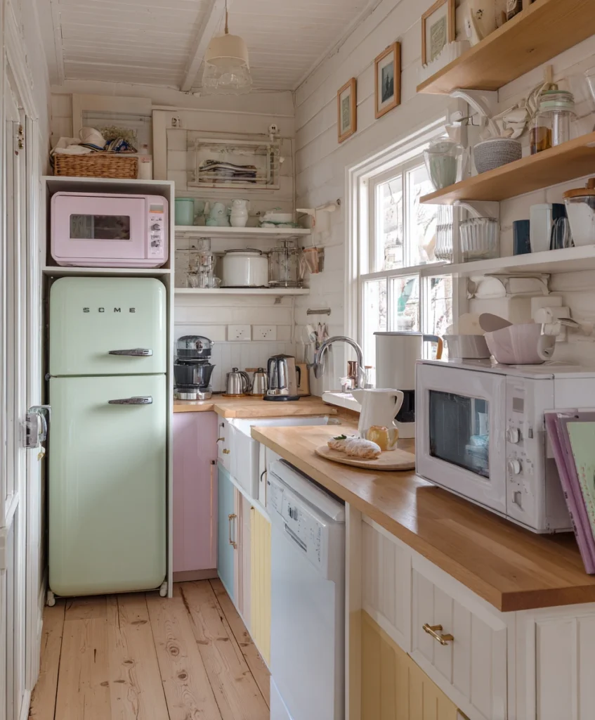 A charming cottage kitchen with compact, retro-style appliances.